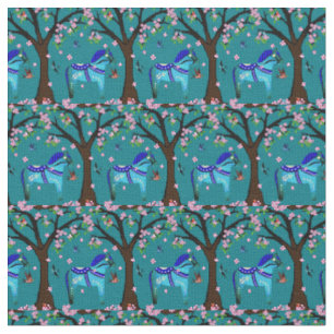 Black/blue Folk Dala horse/Folk birds/flowers Fabric