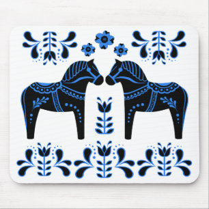Black/blue Folk Dala horse/Folk Friesian Mouse Pad