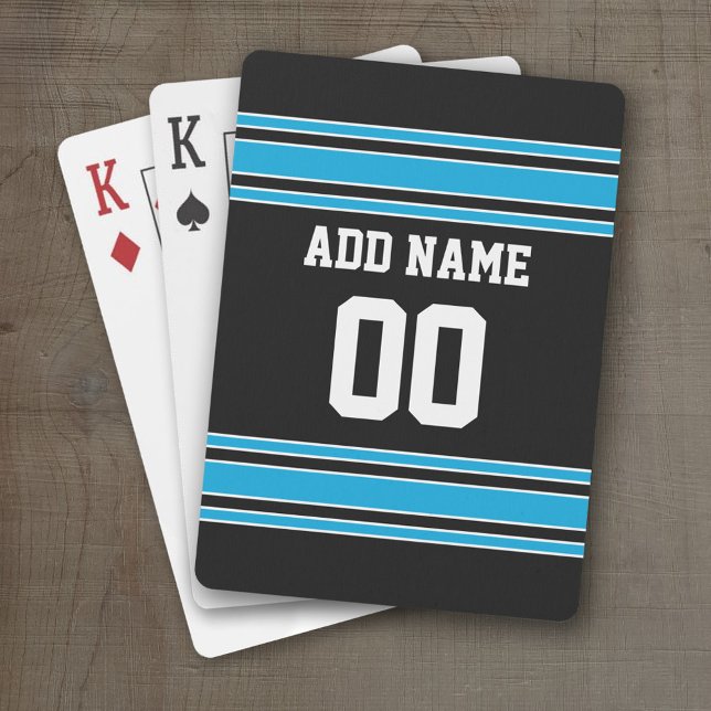 Black Blue Football Jersey Custom Name Number Playing Cards (Personalized Playing Cards - Sporty Stripes)