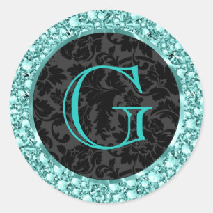 Black & Blue-G Sparkling Diamonds Glitter-Monogram Classic Round Sticker