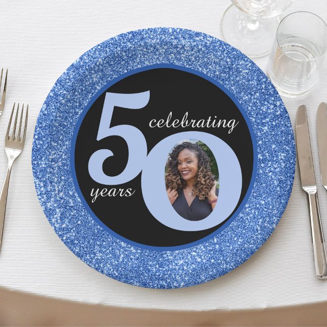 Black & Blue Glitter 50 Fifty Years 50th Birthday Paper Plate (Black & Blue Glitter 50 Fifty Years 50th Birthday Paper Plates)