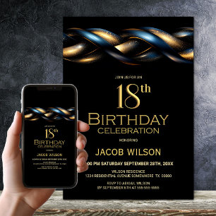 Black Blue Gold 18th Birthday Party Invitation