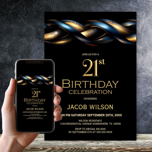 Black Blue Gold 21st Birthday Party Invitation (Creator Uploaded)
