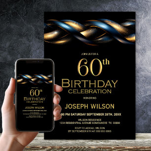 Black Blue Gold 60th Birthday Party Invitation