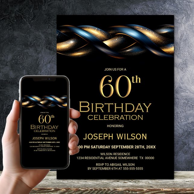 Black Blue Gold 60th Birthday Party Invitation (Creator Uploaded)