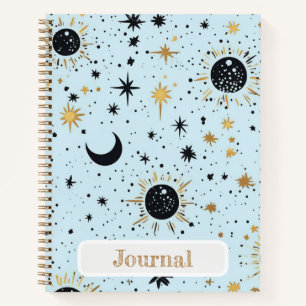 Black, Blue Gold Celestial Sun Moon Stars Journal