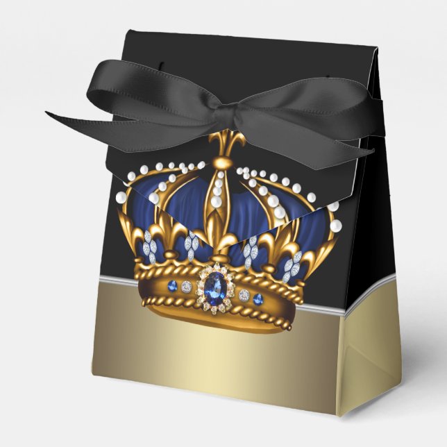 Black Blue Gold Crown Prince Baby Shower Favour Box (Front Side)