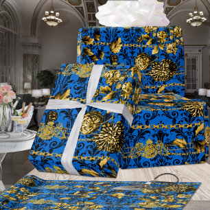 Black Blue Gold Floral Acanthus Leaf Chains Luxury Wrapping Paper