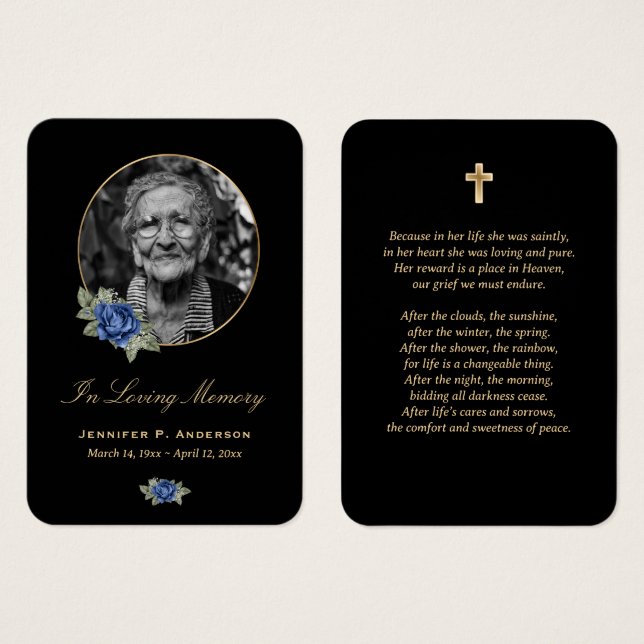 Black Blue Gold Floral Memorial Cards (Front & Back)