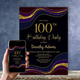 Black Blue Gold Glitter 100th Birthday Party Invitation
