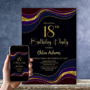 Black Blue Gold Glitter 18th Birthday Party Invitation