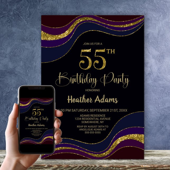 Black Blue Gold Glitter 55th Birthday Party Invitation (Creator Uploaded)