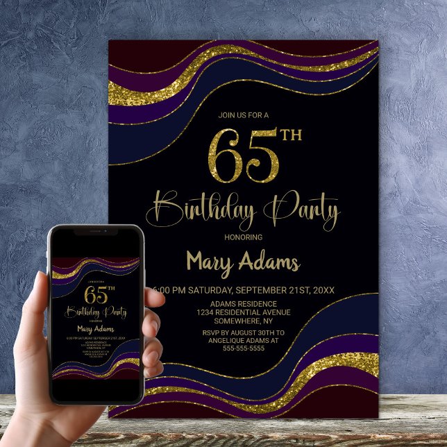 Black Blue Gold Glitter 65th Birthday Party Invitation (Creator Uploaded)
