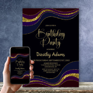Black Blue Gold Glitter Birthday Party Invitation