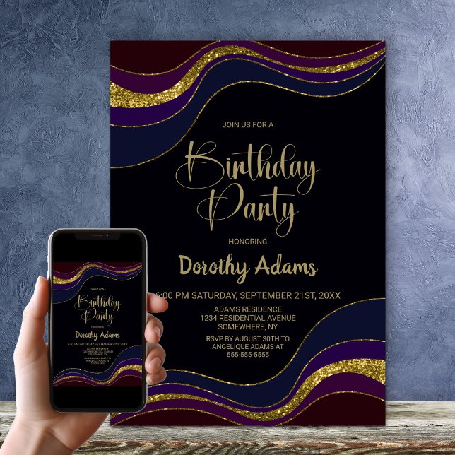 Black Blue Gold Glitter Birthday Party Invitation (Creator Uploaded)