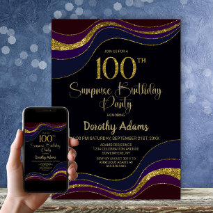 Black Blue Gold Glitter Surprise 100th Birthday Invitation