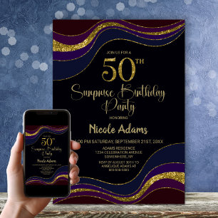 Black Blue Gold Glitter Surprise 50th Birthday Invitation