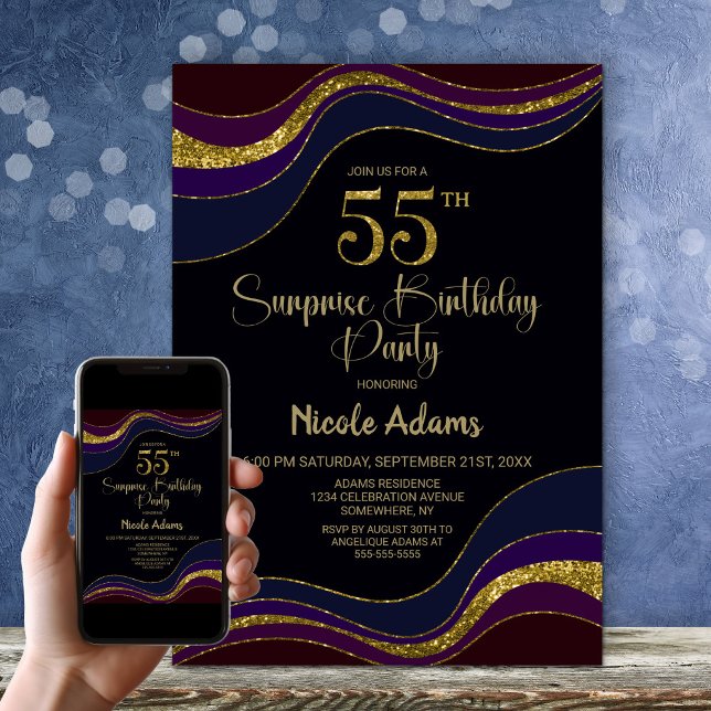 Black Blue Gold Glitter Surprise 55th Birthday Invitation (Creator Uploaded)