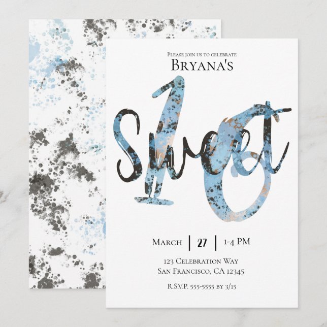 Black Blue Gold Modern Sweet 16 Birthday Party Invitation (Front/Back)