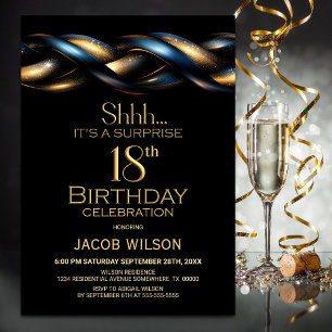 Black Blue Gold Surprise 18th Birthday Party Invitation