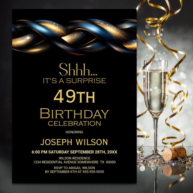 Black Blue Gold Surprise Any Age Birthday Party Invitation (Creator Uploaded)