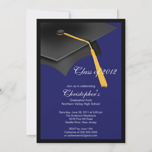 Black Blue Grad Cap Graduation Party Invitation (Front)