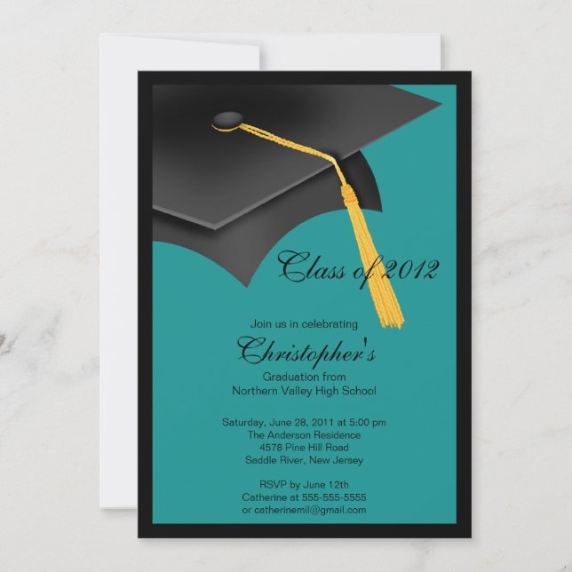 Black Blue Grad Cap Graduation Party Invitation (Front)