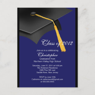 Black Blue Grad Cap Graduation Party Invitation Postcard