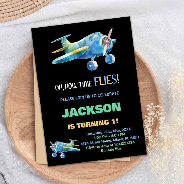 Black Blue Green Aeroplane Birthday Invitations (Black Blue Green Airplane Birthday Invitations)