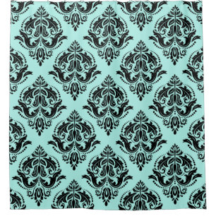 Black & Blue-green Floral Damasks Pattern Shower Curtain