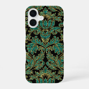 Black Blue-Green & Gold Vintage Floral Damasks iPhone 16 Case