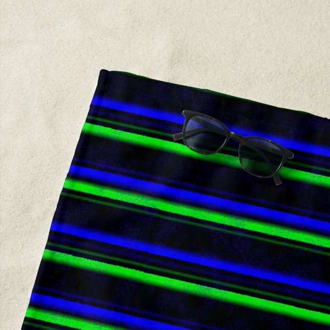 Black Blue Green Stripes Beach Towel (In Situ)