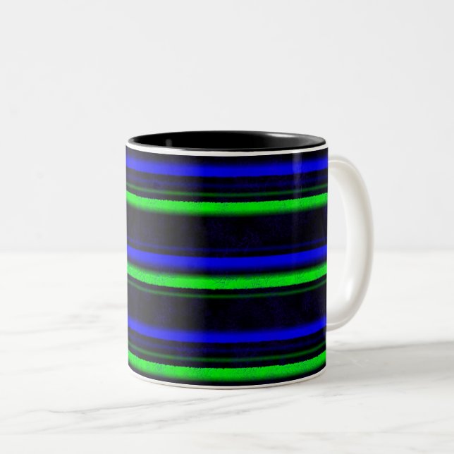 Black Blue Green Stripes Two-Tone Coffee Mug (Front Right)