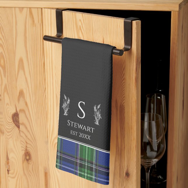 Black Blue Green Tartan Plaid Custom Name Monogram Tea Towel (Thirds Fold)