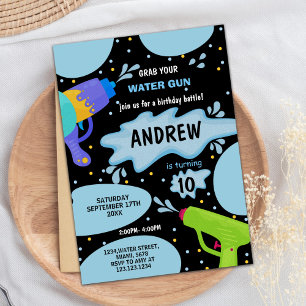 Black Blue Green Water Gun Birthday Invitations
