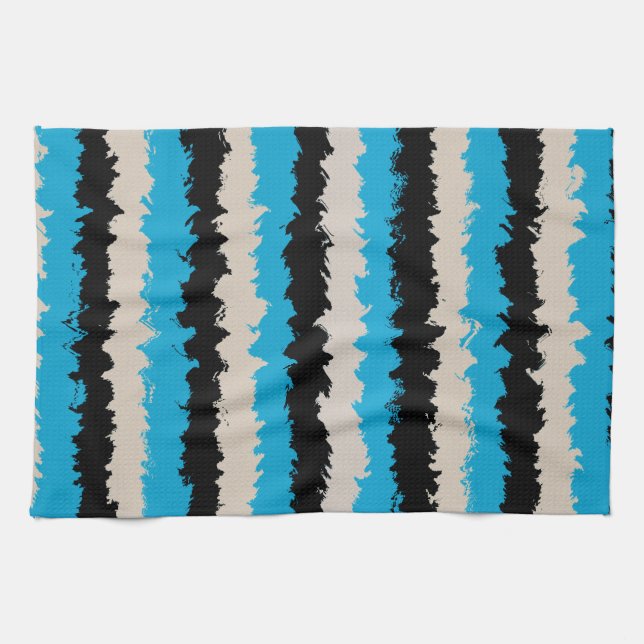Black Blue Grey Abstract Stripe Pattern Tea Towel (Horizontal)