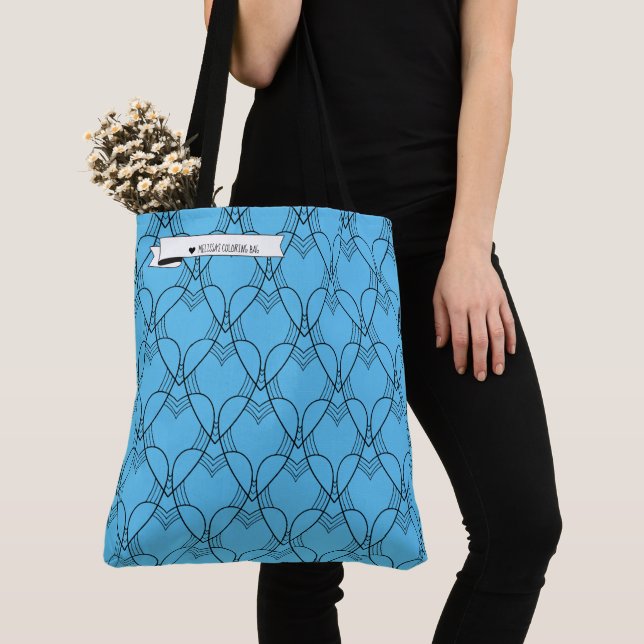Black & Blue Heart Pattern Colouring Go-Bag Tote (Close Up)