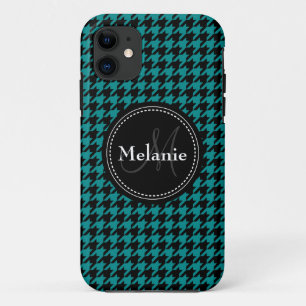 Black Blue Houndstooth Monogrammed Pattern iPhone 11 Case
