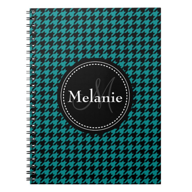 Black Blue Houndstooth Monogrammed Pattern Notebook (Front)