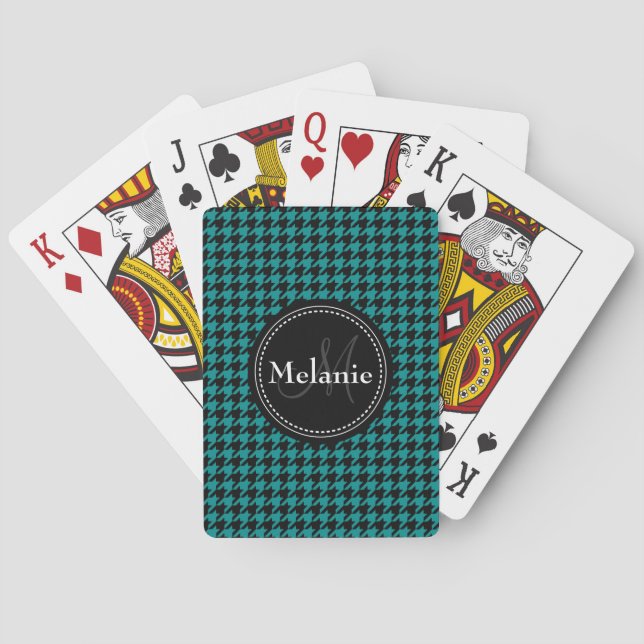 Black Blue Houndstooth Monogrammed Pattern Playing Cards (Back)