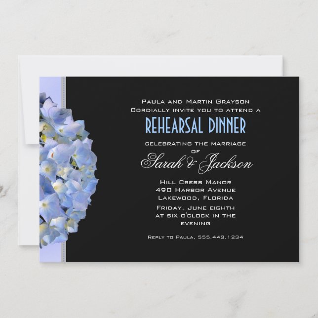 Black & Blue Hydrangea Rehearsal Dinner Invite (Front)
