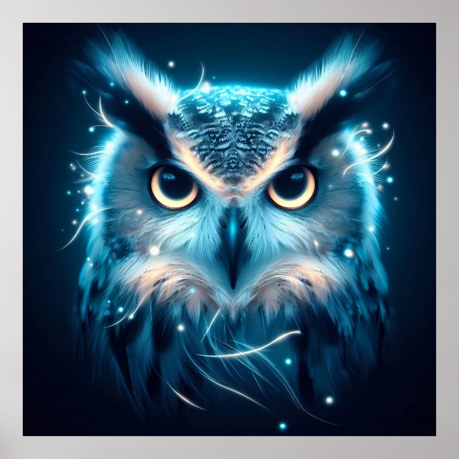 Black blue magic owl vibrant bird bright feathers poster (Front)