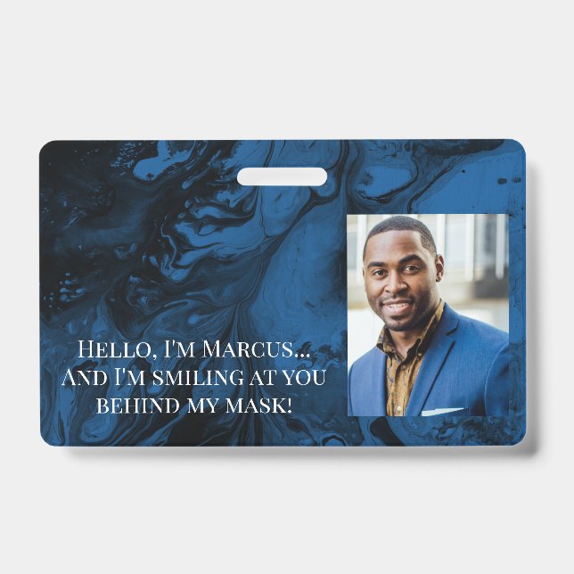 Black & Blue Marble Hello Behind the Mask ID Badge (Front)