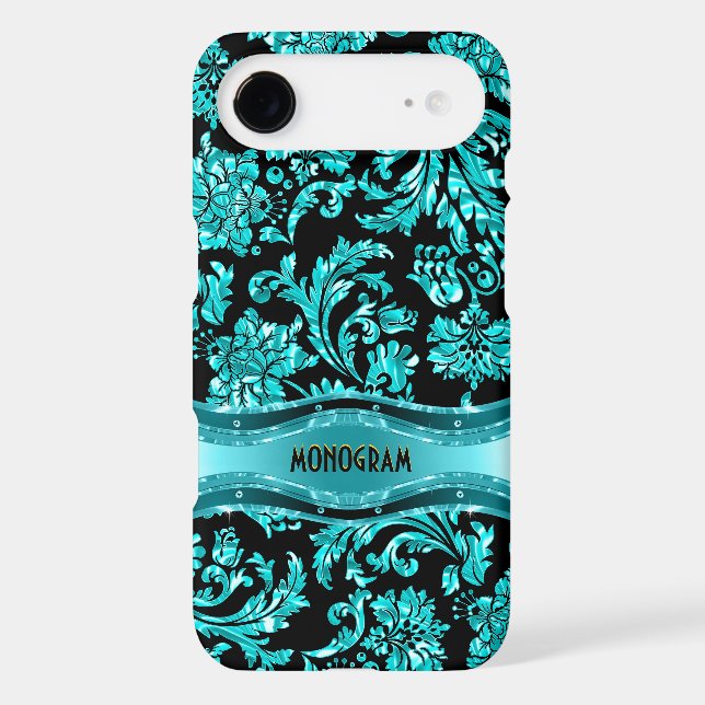 Black & Blue Metallic Floral Damasks-Customised Case-Mate iPhone Case (Back)