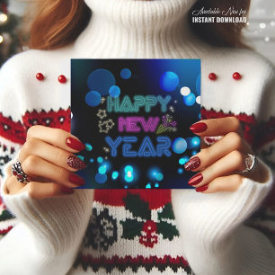 Black & Blue Midnight Sparkle Neon Glow New Year  Card