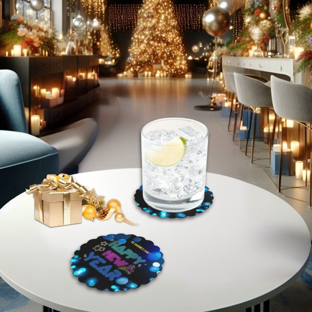 Black & Blue Midnight Sparkle Neon Glow New Year Paper Coaster (Creator Uploaded)