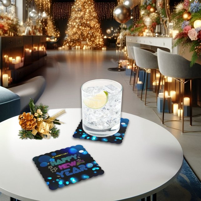 Black & Blue Midnight Sparkle Neon Glow New Year  Paper Coaster (Creator Uploaded)