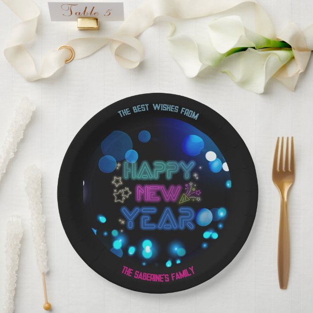 Black & Blue Midnight Sparkle Neon Glow New Year  Paper Plate (Wedding)