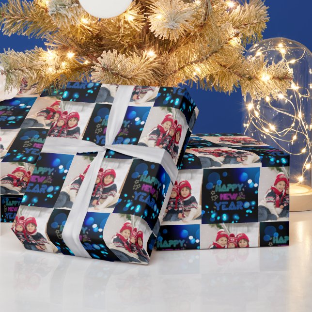 Black & Blue Midnight Sparkle Neon Glow New Year  Wrapping Paper (Holidays)