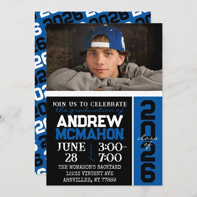 Black & Blue Modern Graduation Photo Invitation (Creator Uploaded)